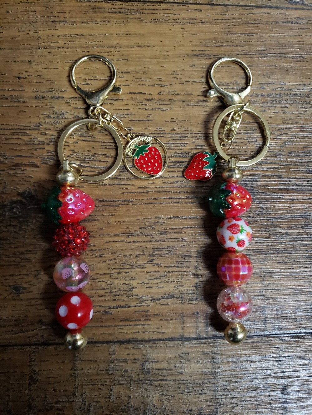Handmade Strawberry Beaded Keychains with Charms